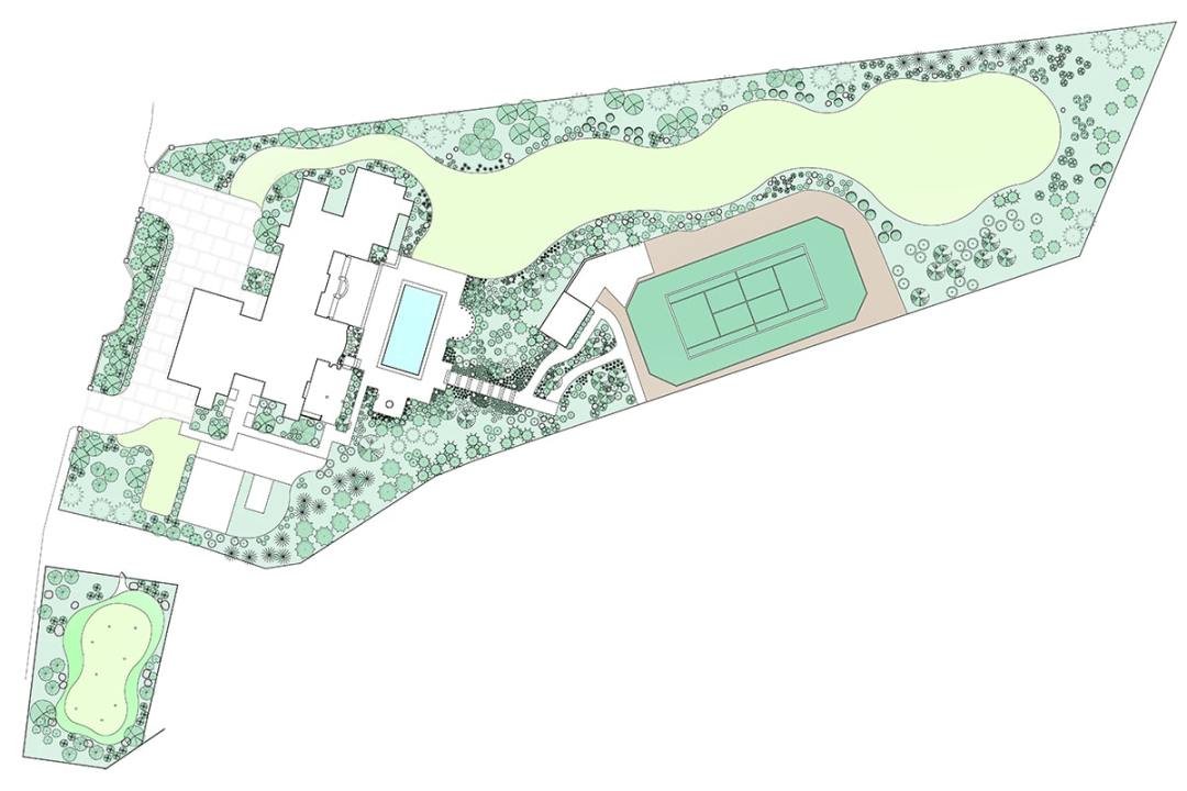 Aerial landscape plan showing house, large pool, putting green, tennis court, field, and many shrubs - 7 Dees Landscaping