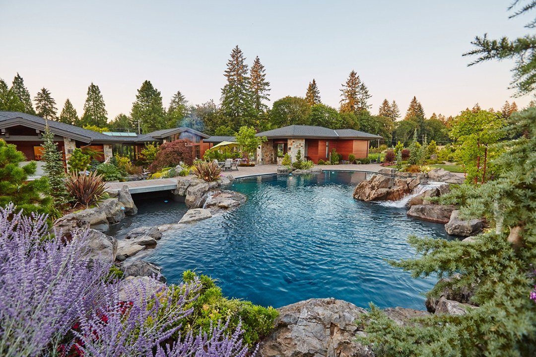 natural pool in residential landscape with backyard waterfall and bridge by Dennis' 7 Dees Landscaping natural pool in residential landscape with backyard waterfall and bridge by Dennis' 7 Dees Landscaping