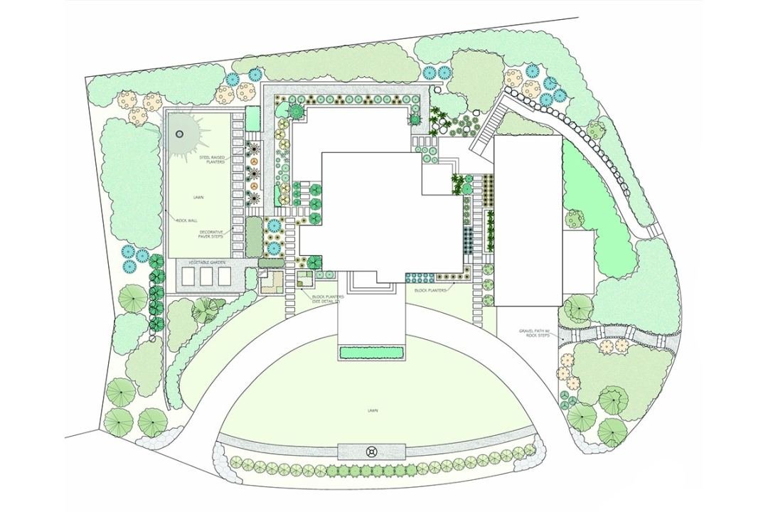 Landscape plan for lakeside retreat in Lake Oswego - 7 Dees Landscaping Aerial landscape plan with lots of lawn around a house, with 90-degree paver paths - 7 Dees Landscaping