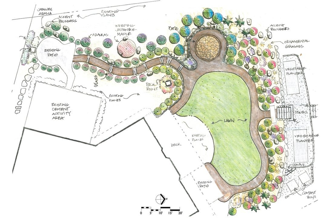 Landscape plan for a formal backyard with a secret garden - 7 Dees Landscaping Aerial landscape design with lawn and path to secret patio - 7 Dees Landscaping