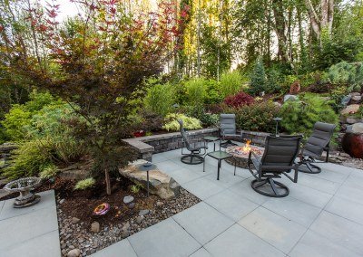 lawn-free landscape with patio and fireplace