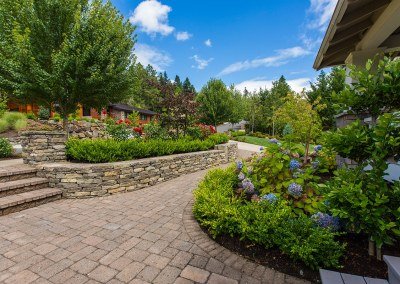 residential landscaping hardscape path with hydrangeas and roses