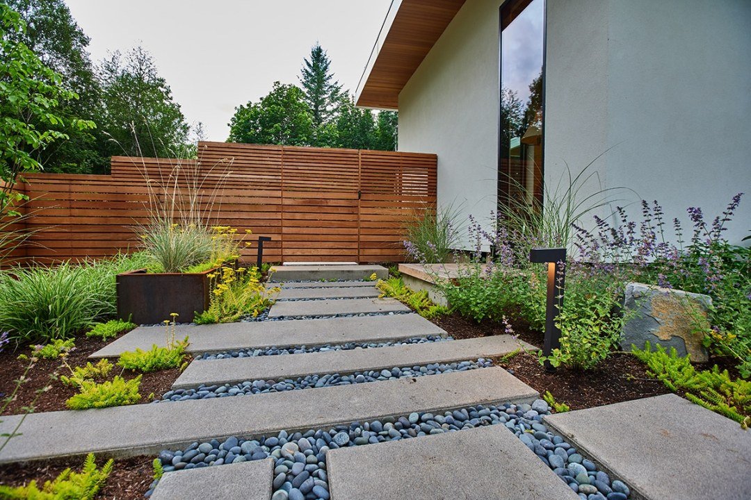 Modern Patio Design and Stone Pave Pathway in Portland - Residential Landscaping Ideas by Dennis' 7 Dees residential landscaping portland home fence and paver path by Dennis' 7 Dees