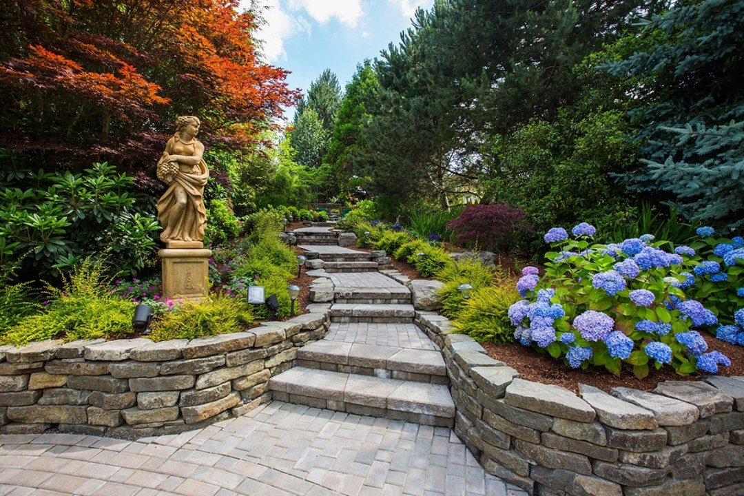 Stone steps lead through a garden path with a stone female statue and hydrangeas - 7 Dees Landscaping
