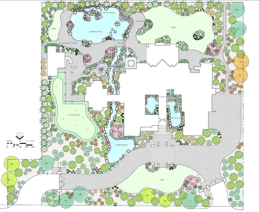 18x24 all Complex, colored landscape plan with hundreds of plants, a pool, stream, and fields - 7 Dees Landscaping