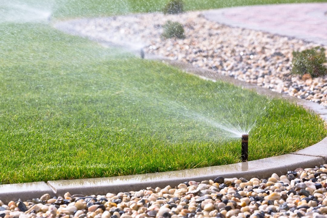Sprinkler Head and Lawn - 7 Dees Landscaping Close up of a sprinkler head watering a lawn with rocks in the foreground - 7 Dees Landscaping
