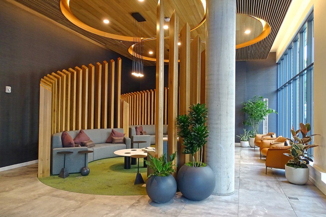 Potted plants in lobby with spiraled wood - 7 Dees Urban Plantscapes Potted plants and wooden slats create natural looking seating area in a lobby, by Urban Plantscapes