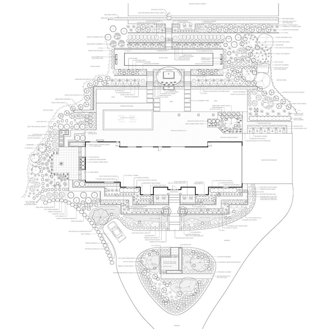 Contemporary sloped landscape plan from 7 Dees Landscaping Aerial landscape plan with house, retaining walls and slope, and pool with many plants represented, designed by 7 Dees