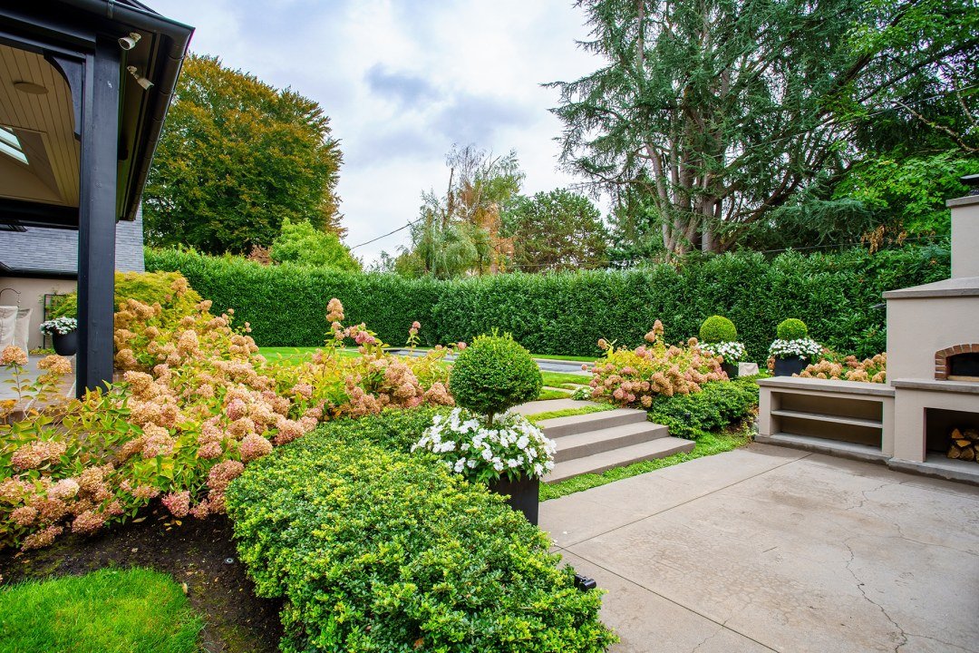 traditional-landscape-design-backyard-with-hedges secret garden patio with fire pit and hydrangeas
