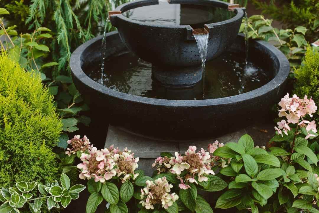 Black modernist tiered fountain with blooms and plants - 7 Dees Black tiered round fountain surrounded by plants and hydrangeas - 7 Dees